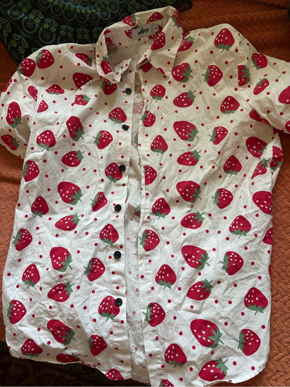 Strawberry Print Button-Up Shirt - White & Red